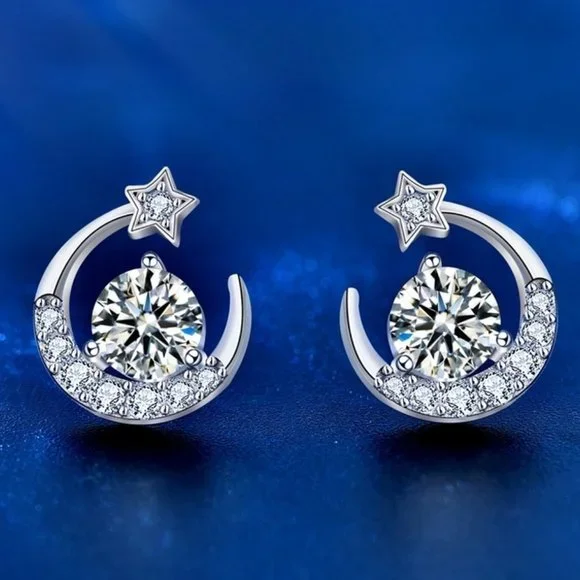 Certified 1 ct. t.w. Moissanite Diamond Moon Star Stud Earrings NEW - Picture 1 of 9